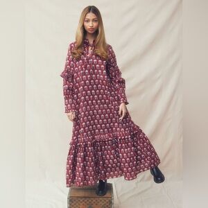 Ophelia & Indigo Women Cotton Burgundy Hydrangea Block Print Dress Size Small